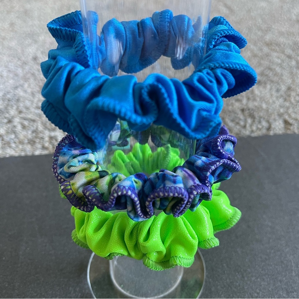3 New! Colorful Kids Scrunchies Set - Blue, Purple, and Green